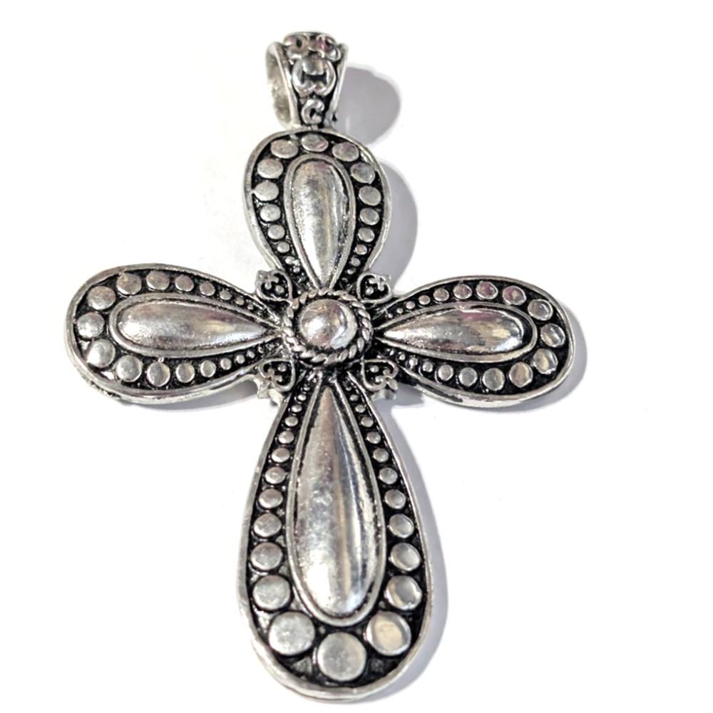 Large Ornate Silver Tone Cross Pendant 3.25" x 2.25" Black Antiqued P-TN1